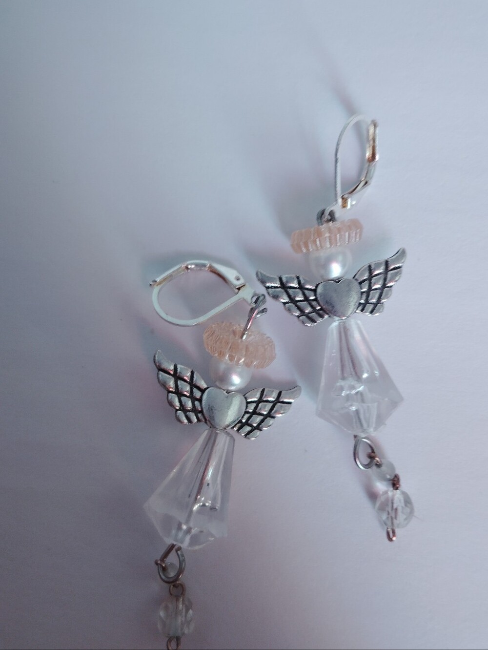 Handmade Little Angel Dangle Earrings Clear - Silver Wings - Pink Orange  Halo